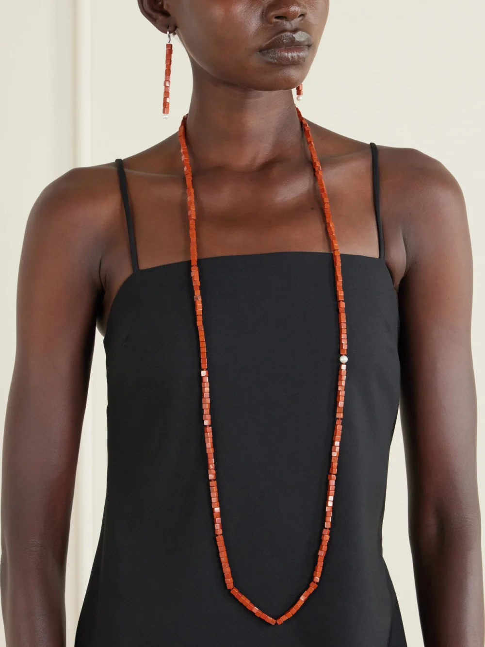 Le Sundial Ines Sterling Silver, Jasper and Pearl Necklace, styled view