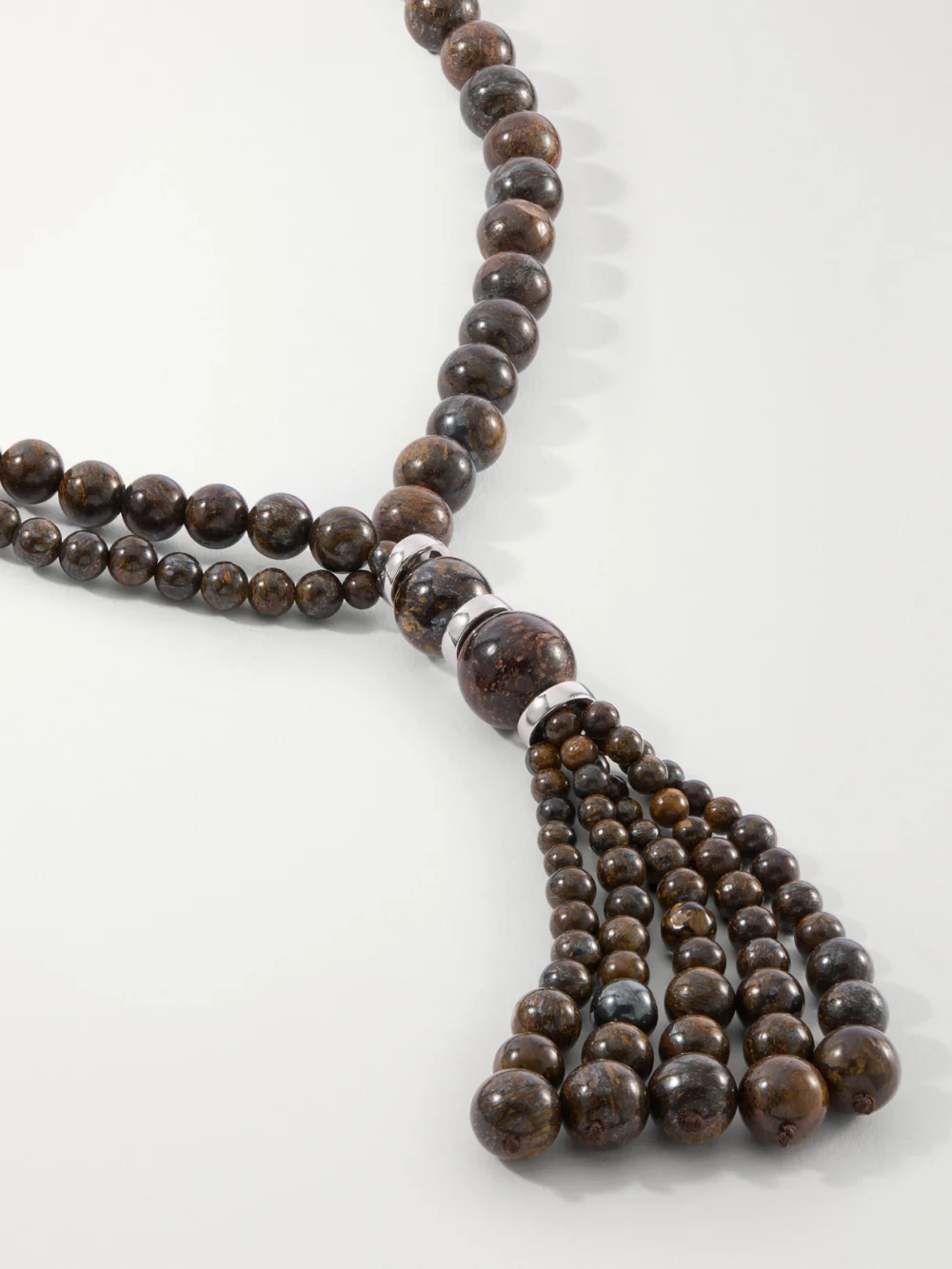 Close-up detail of the Le Sundial Venice Opera Tasseled Sterling Silver Bronzite Necklace