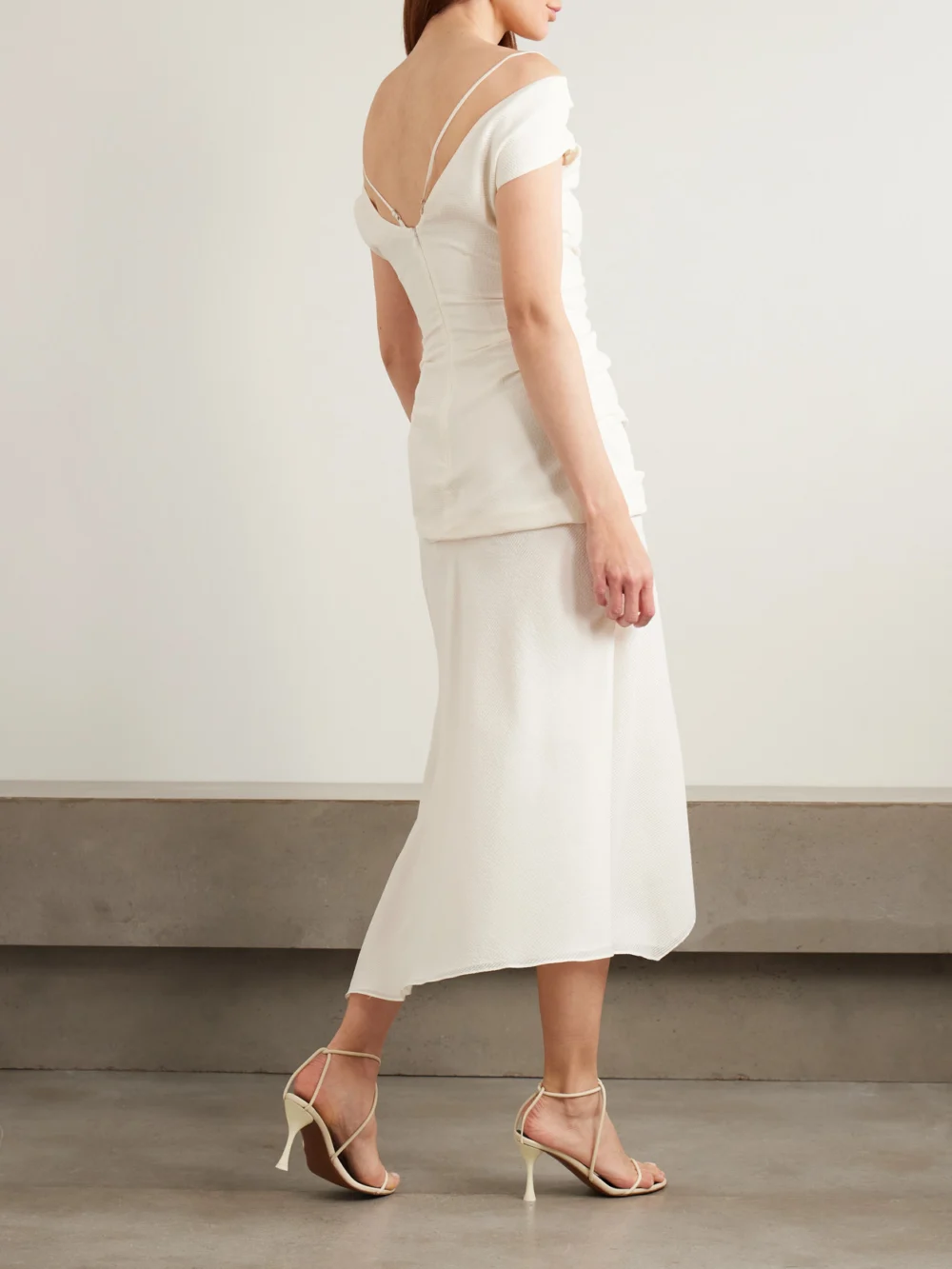 Back view of the Liberowe Accordion Cold-shoulder Ribbed Cotton and Silk-blend Midi Dress