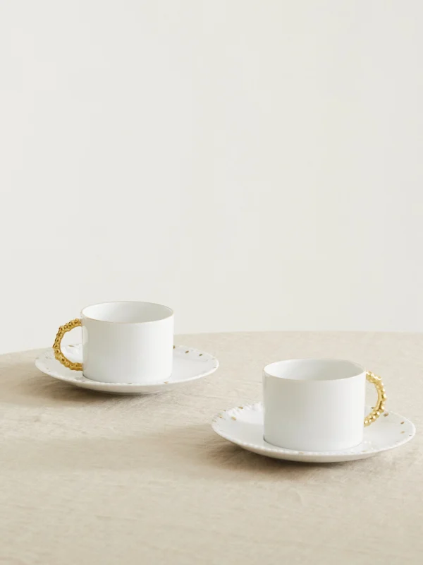 L'Objet + Haas Brothers Mojave Set of Two Gold-plated Porcelain Tea Cups and Saucers