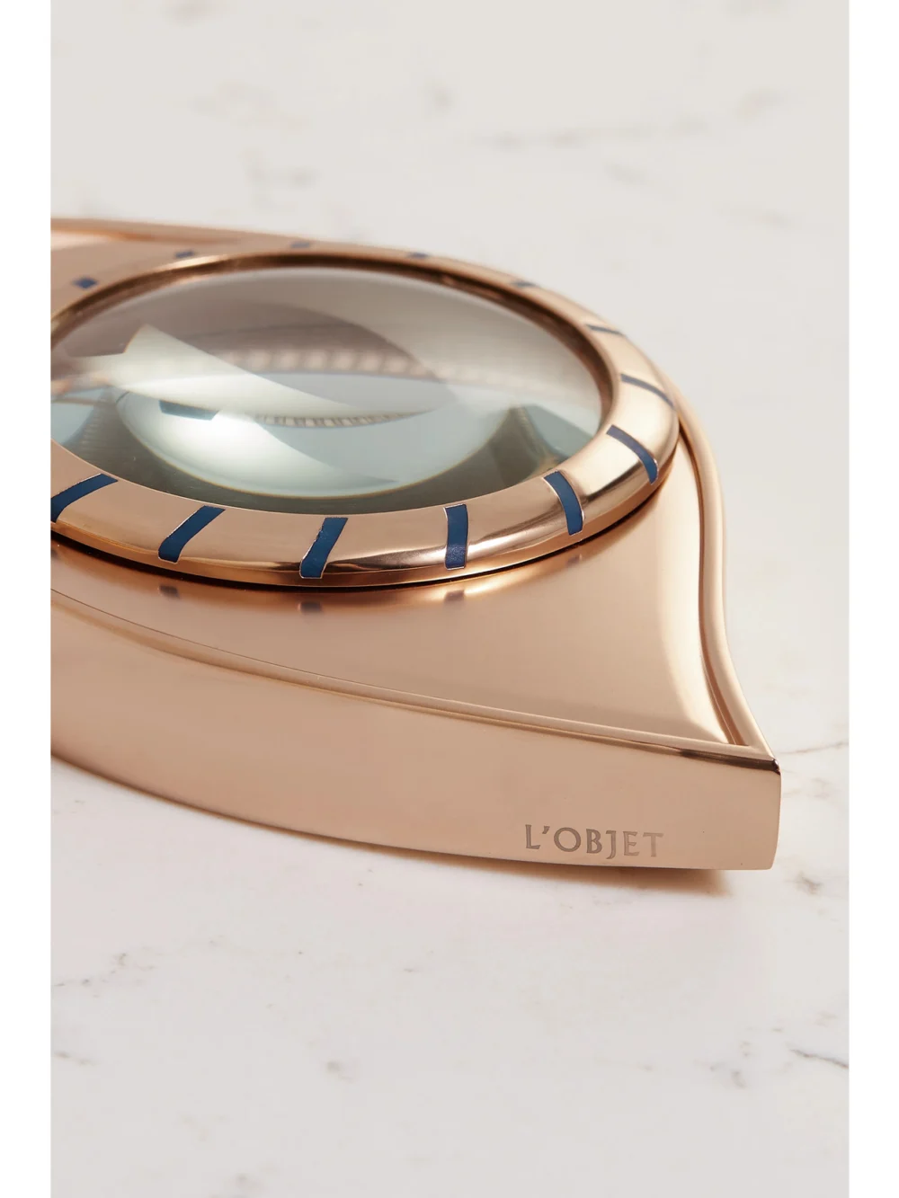 Close-up detail of the L'Objet + Lito 13cm Gold-plated Brass and Resin Magnifying Glass