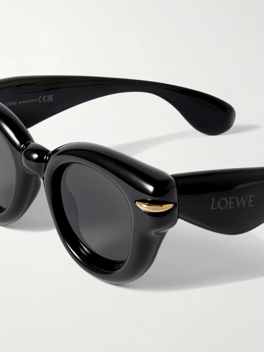 Close-up detail of the Loewe Inflated Gold-tone Embellished Cat-eye Acetate Sunglasses