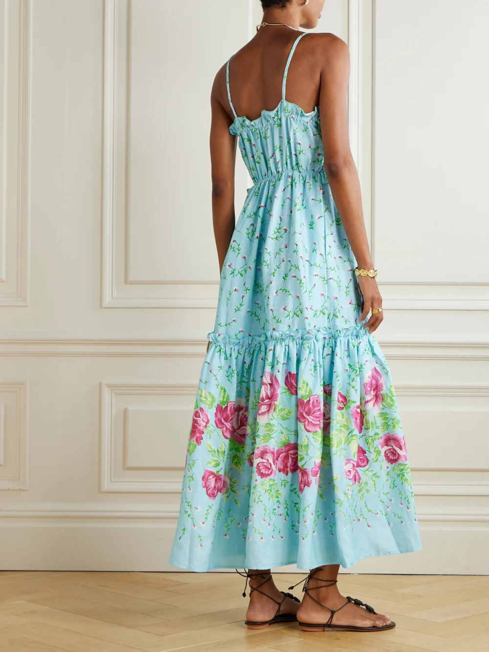 Back view of the Loretta Caponi Bianca Embroidered Smocked Ruffled Floral-print Linen Maxi Dress