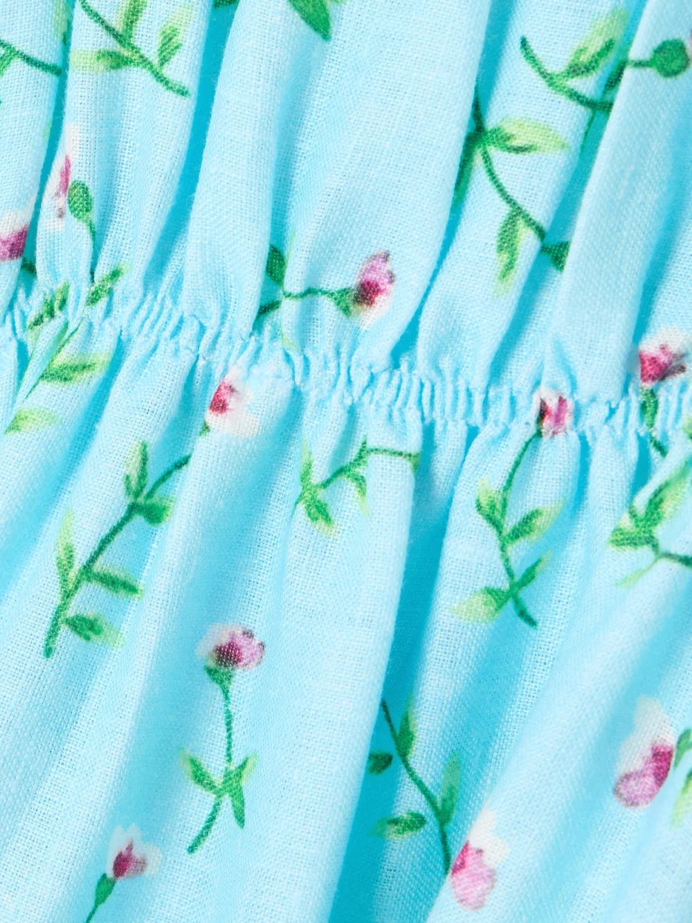 Close-up detail of the Loretta Caponi Bianca Embroidered Smocked Ruffled Floral-print Linen Maxi Dress