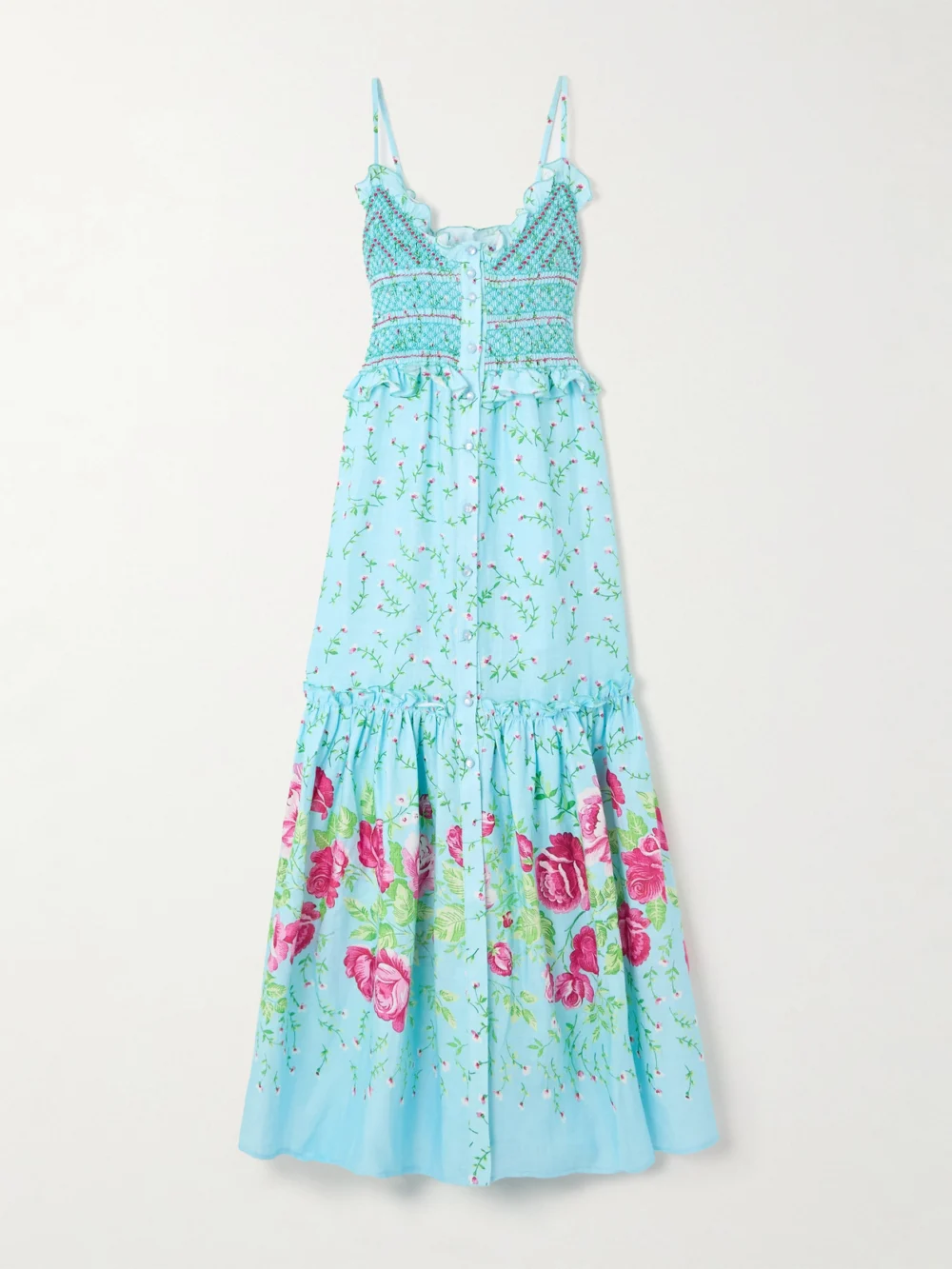 Loretta Caponi Bianca Embroidered Smocked Ruffled Floral-print Linen Maxi Dress in blue