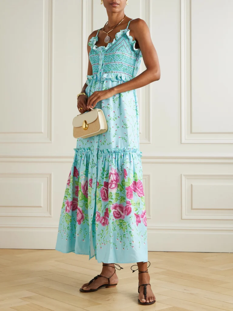 Loretta Caponi Bianca Embroidered Smocked Ruffled Floral-print Linen Maxi Dress