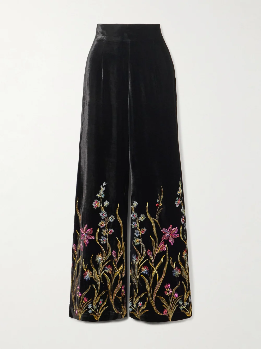 Loretta Caponi Cipro Embroidered Velvet Straight-leg Pants in black