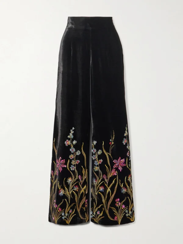 Loretta Caponi Cipro Embroidered Velvet Straight-leg Pants