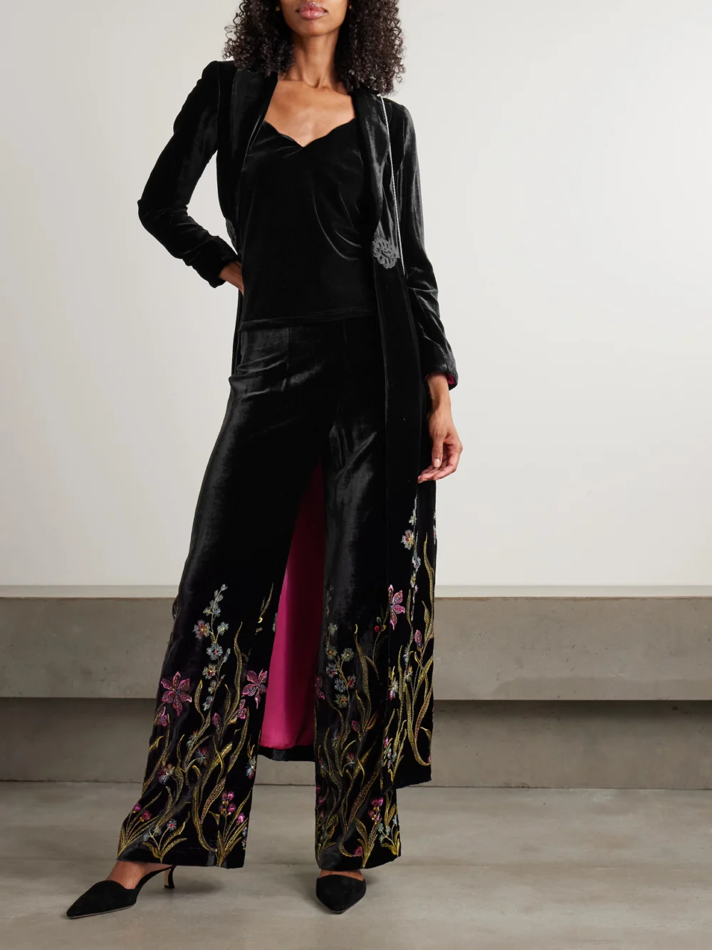 Loretta Caponi Cipro Embroidered Velvet Straight-leg Pants, worn by a model