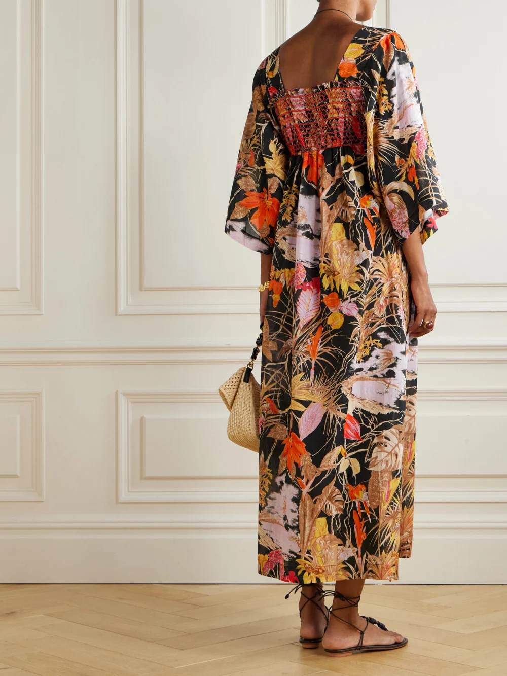 Back view of the Loretta Caponi Malibu Smocked Printed Cotton Midi Dress