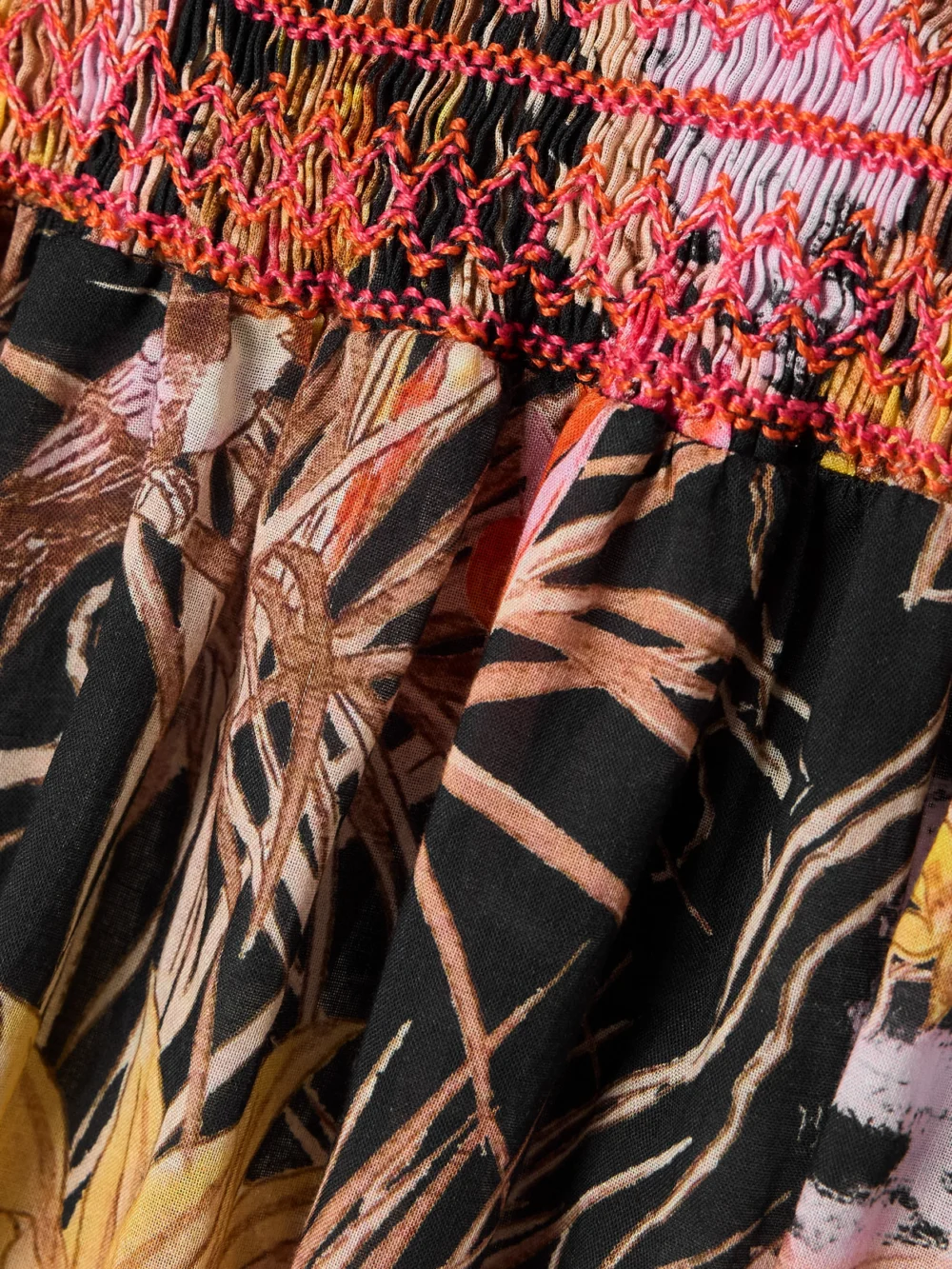 Close-up detail of the Loretta Caponi Malibu Smocked Printed Cotton Midi Dress