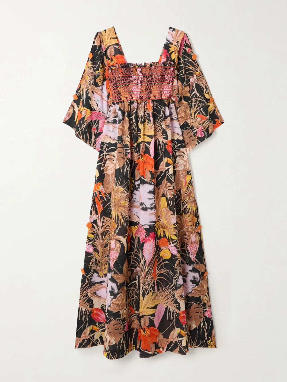 Loretta Caponi Malibu Smocked Printed Cotton Midi Dress in multi