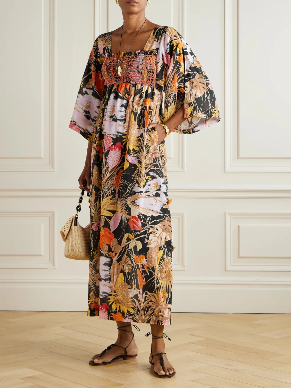 Loretta Caponi Malibu Smocked Printed Cotton Midi Dress, worn by a model