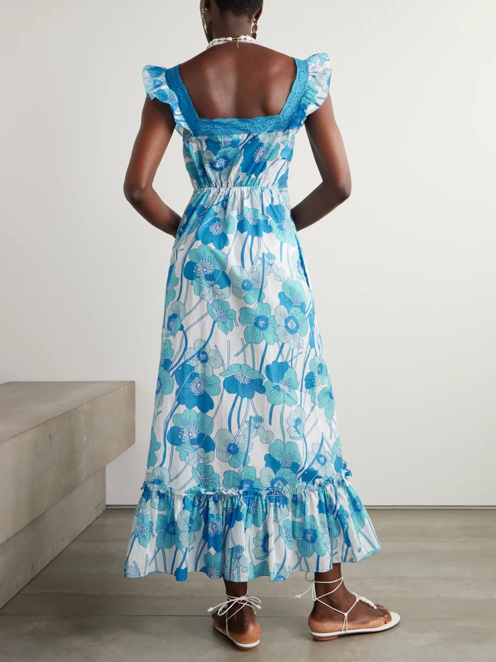 Back view of the Loretta Caponi Margherita Lace-trimmed Floral-print Silk-voile Maxi Dress
