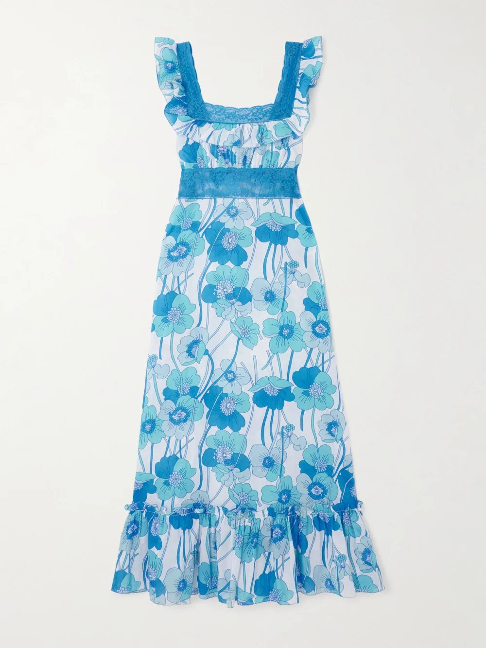 Loretta Caponi Margherita Lace-trimmed Floral-print Silk-voile Maxi Dress in blue
