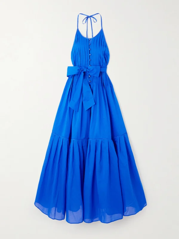 Loretta Caponi Patmos Belted Tiered Cotton-poplin Halterneck Maxi Dress