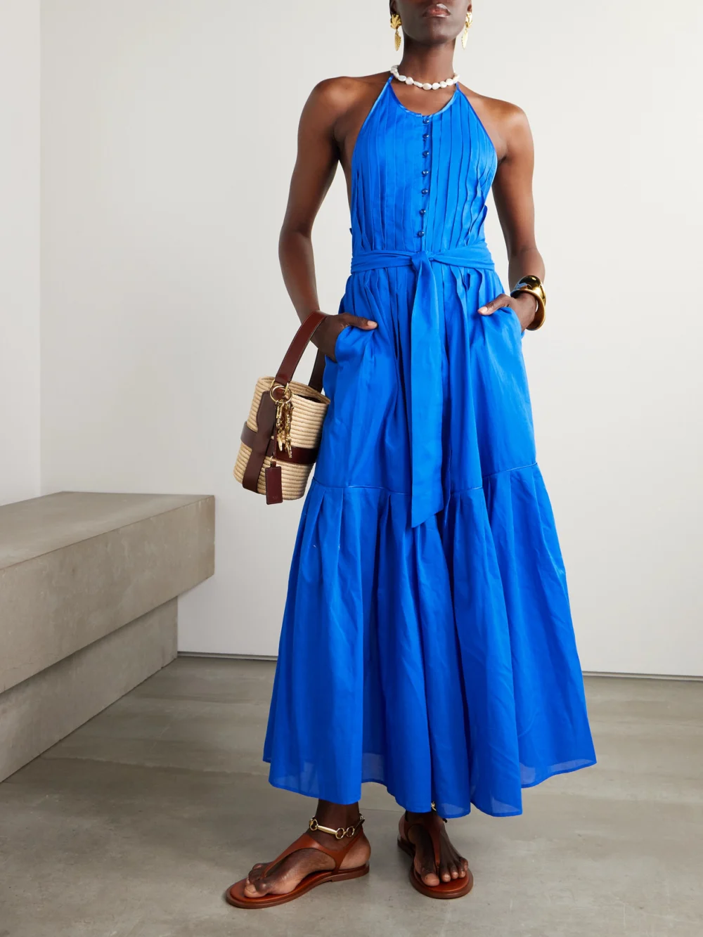 Loretta Caponi Patmos Belted Tiered Cotton-poplin Halterneck Maxi Dress, worn by a model