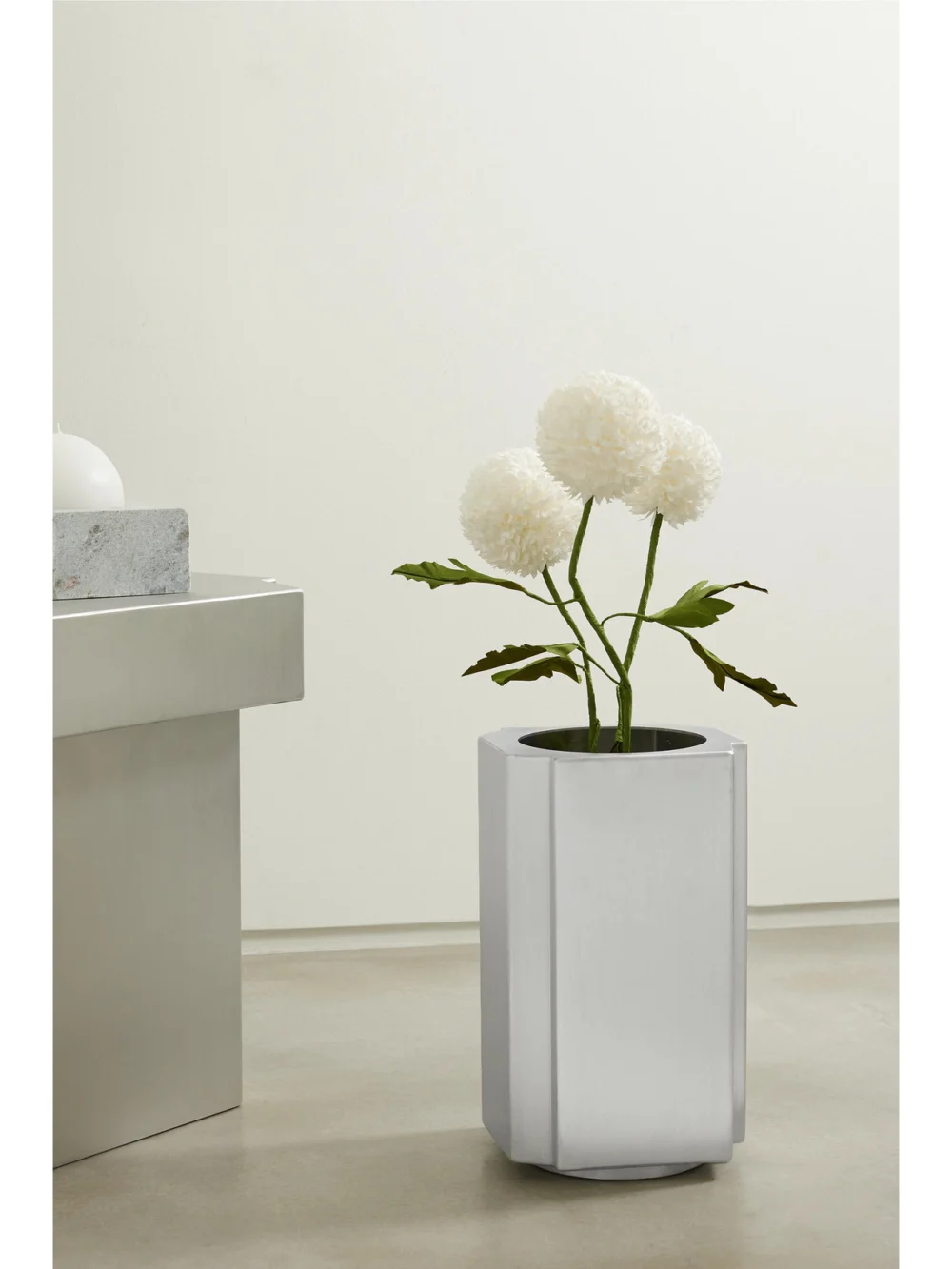 Louise Roe Funki Small Brushed Aluminium Pot, styled view