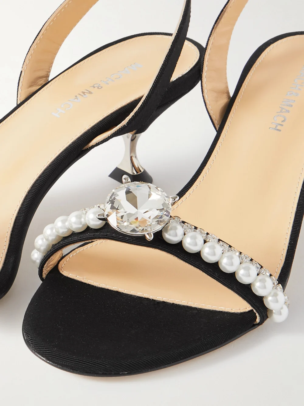 Close-up detail of the Mach & Mach Diamond of Elizabeth Embellished Faille Slingback Sandals