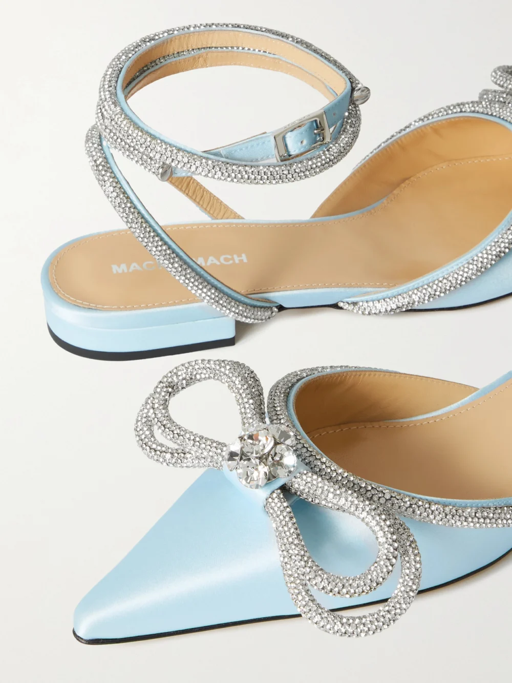 Close-up detail of the Mach & Mach Double Bow Crystal-embellished Satin Point-toe Flats