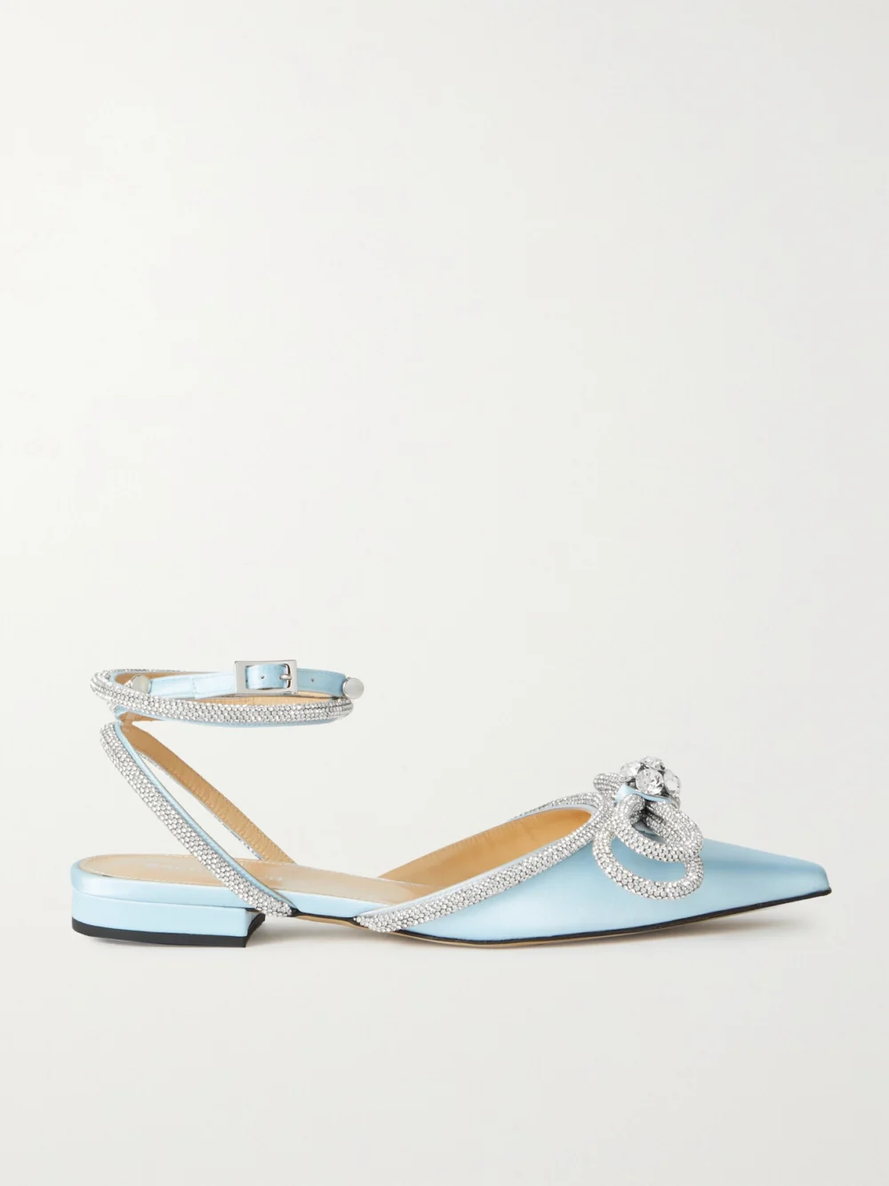 Mach & Mach Double Bow Crystal-embellished Satin Point-toe Flats in light blue
