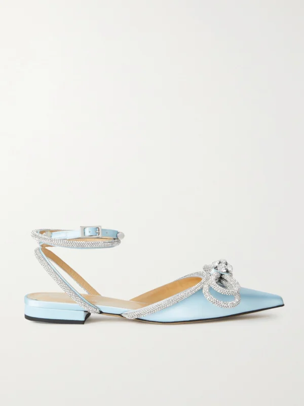 Mach & Mach Double Bow Crystal-embellished Satin Point-toe Flats
