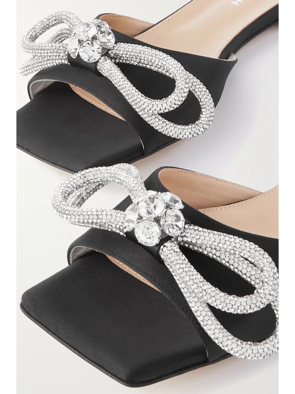 Close-up detail of the Mach & Mach Double Bow Crystal-embellished Satin Slides