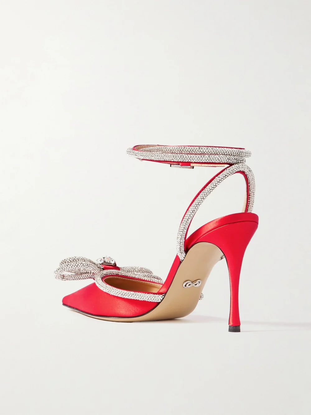 Back view of the Mach & Mach Double Bow Crystal-embellished Silk-satin Pumps