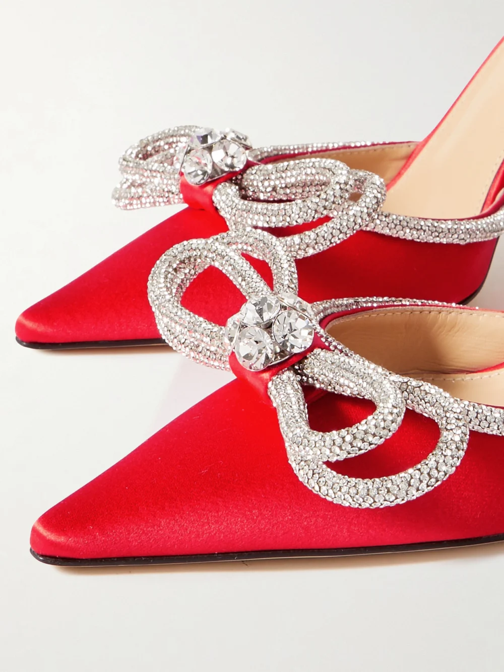 Close-up detail of the Mach & Mach Double Bow Crystal-embellished Silk-satin Pumps