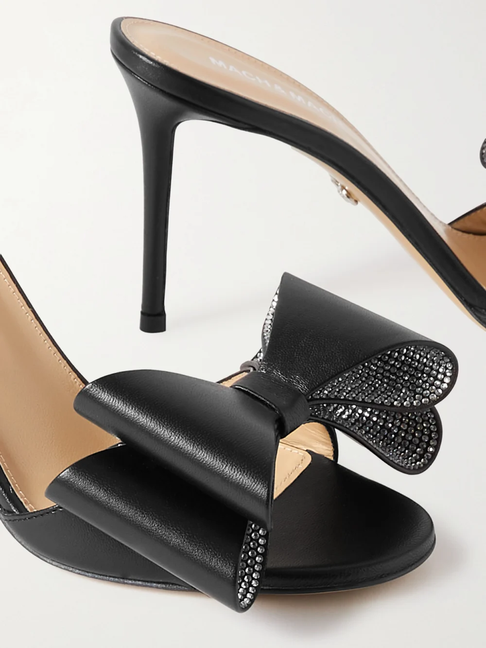 Close-up detail of the Mach & Mach Le Cadeau Crystal-embellished Leather Mules