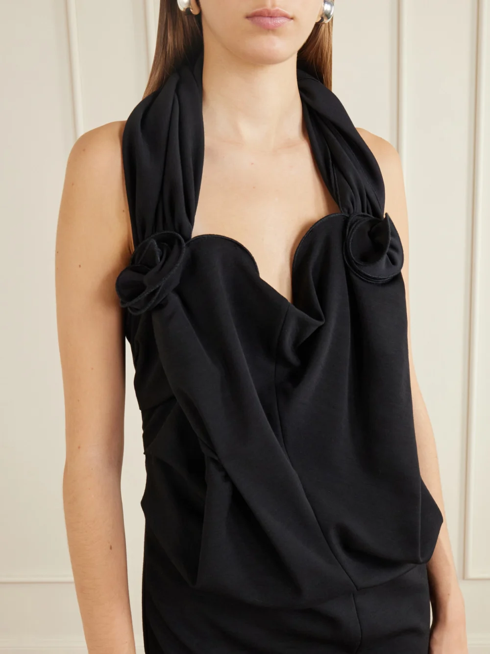 Close-up detail of the Magda Butrym Floral-appliquéd Ruched Wool-blend Maxi Dress
