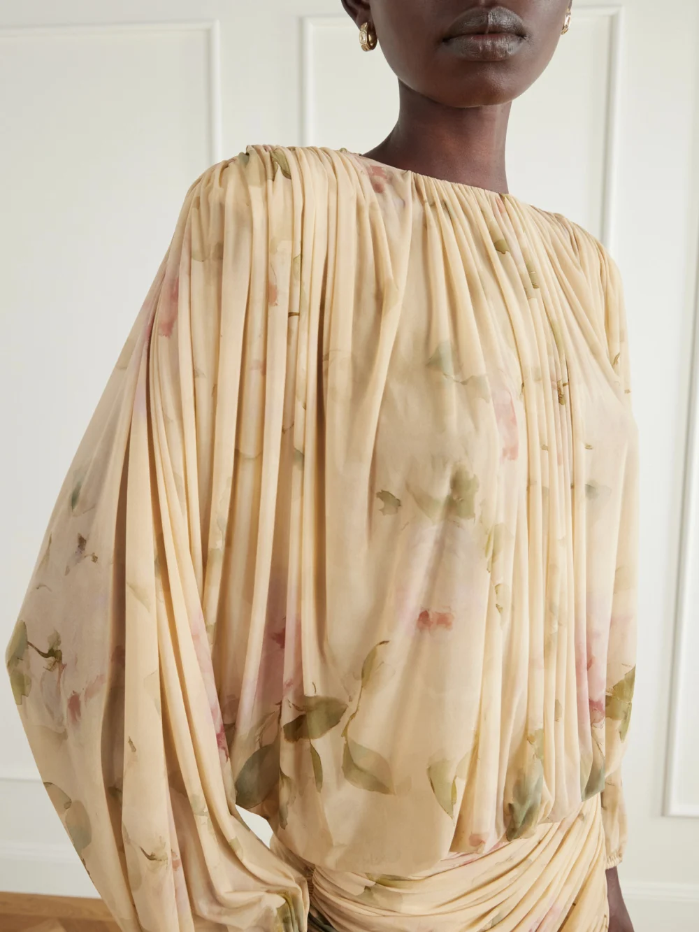 Close-up detail of the Magda Butrym Gathered Floral-print Georgette Mini Dress