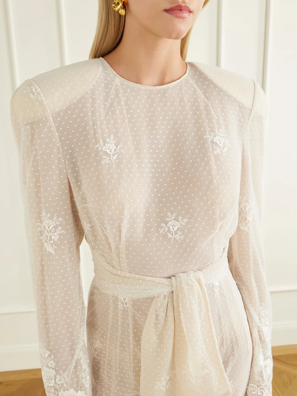 Close-up detail of the Magda Butrym Lace-trimmed Crepe Midi Dress