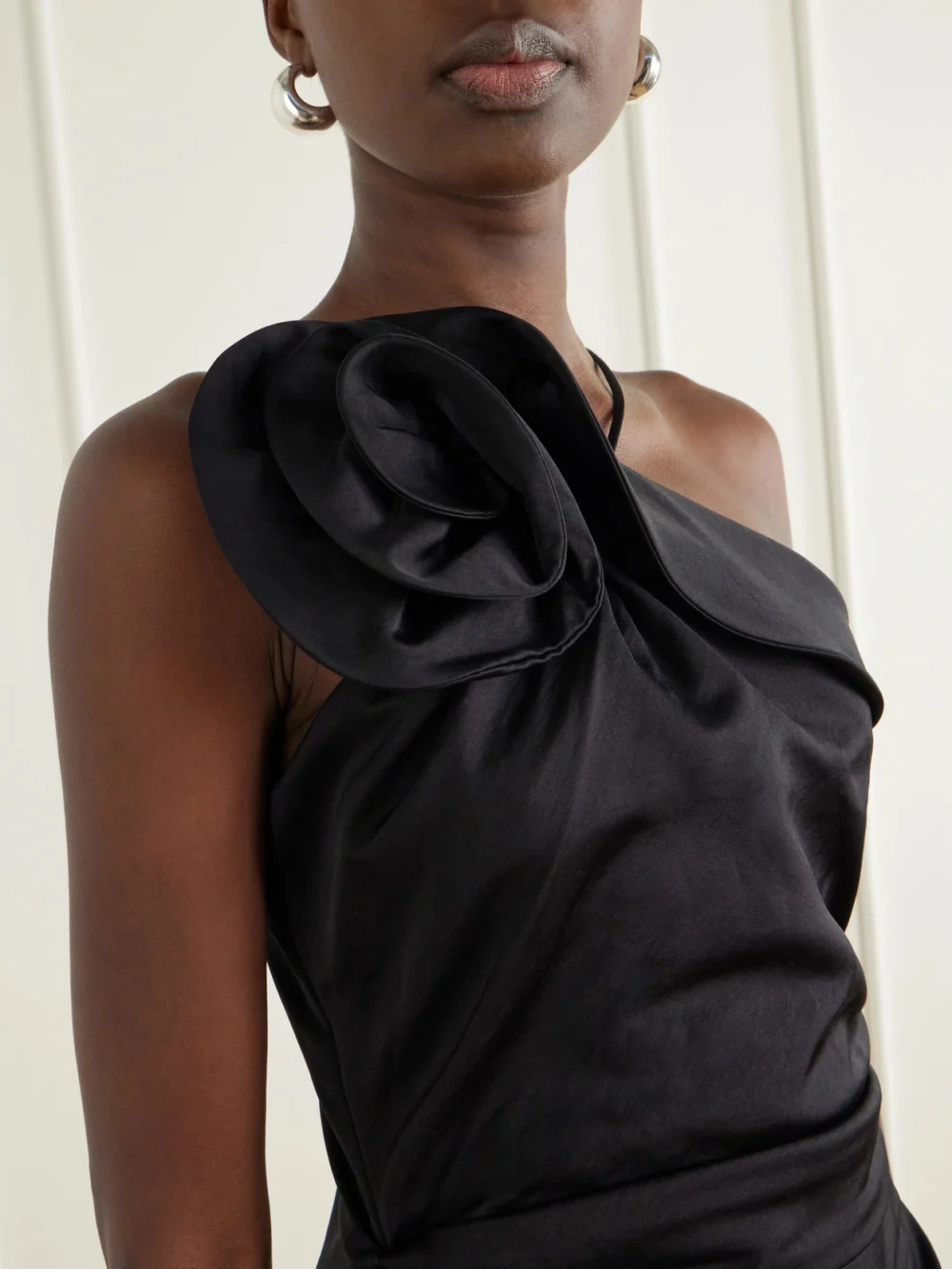 Close-up detail of the Magda Butrym One-shoulder Appliquéd Gathered Cotton and Silk-blend Knee-length Dress