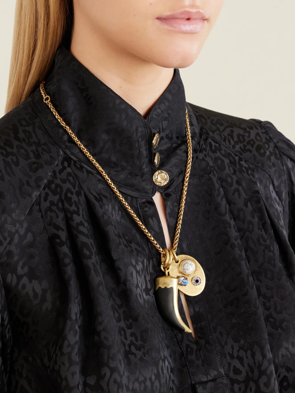 Maison Mayle Arpelle Horn of Plenty Gold-plated, Crystal and Enamel Necklace, styled view