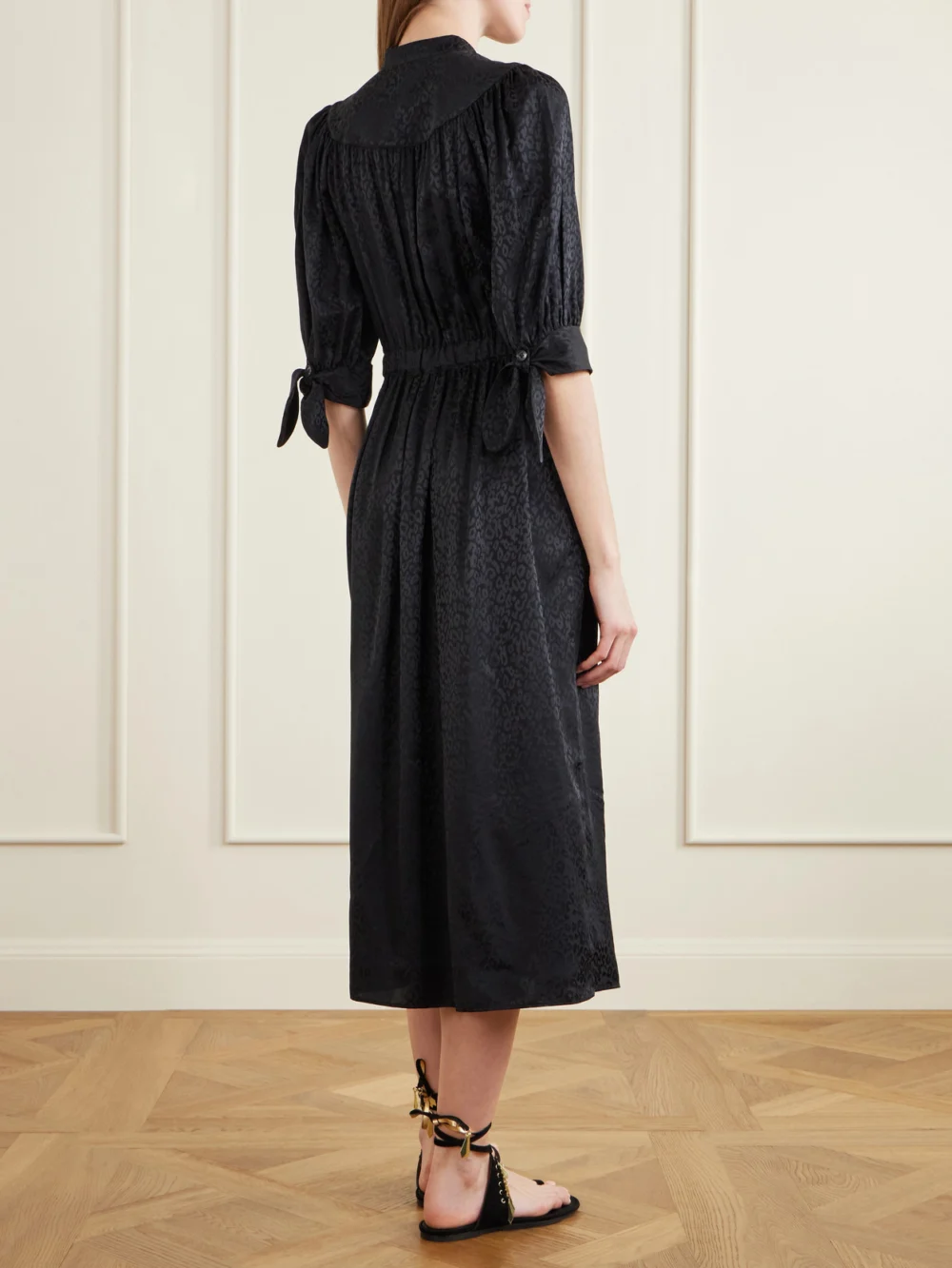 Back view of the Maison Mayle Lala Leopard-jacquard Silk Midi Dress