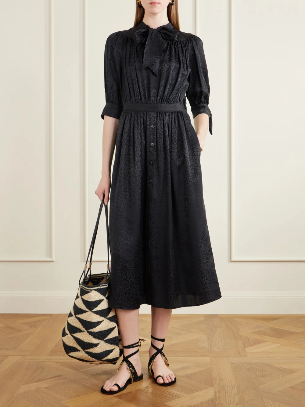 Maison Mayle Lala Leopard-jacquard Silk Midi Dress, worn by a model
