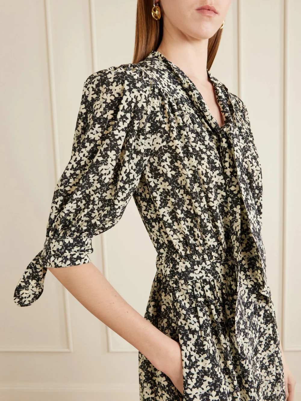 Close-up detail of the Maison Mayle Lala Patterned Silk-crepe Midi Dress