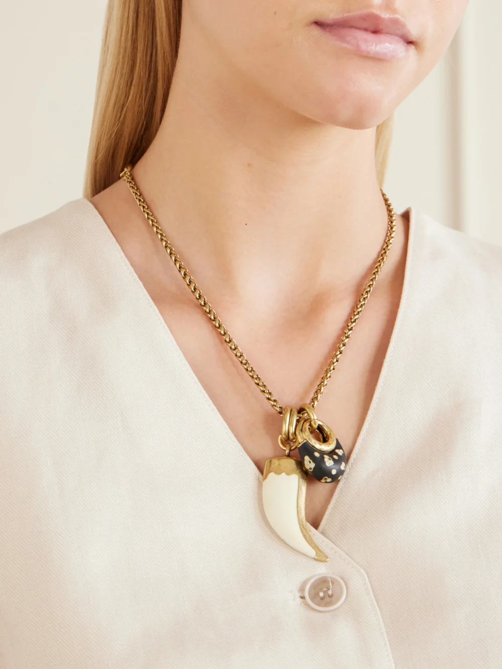 Maison Mayle Niki Horn of Plenty Gold-plated and Enamel Necklace, styled view