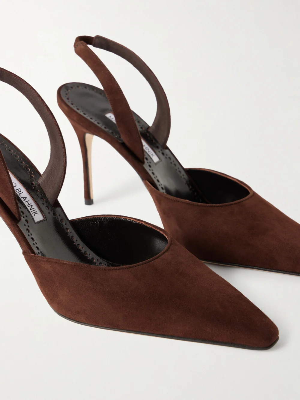 Close-up detail of the Manolo Blahnik Borelapla 90 Suede Slingback Pumps
