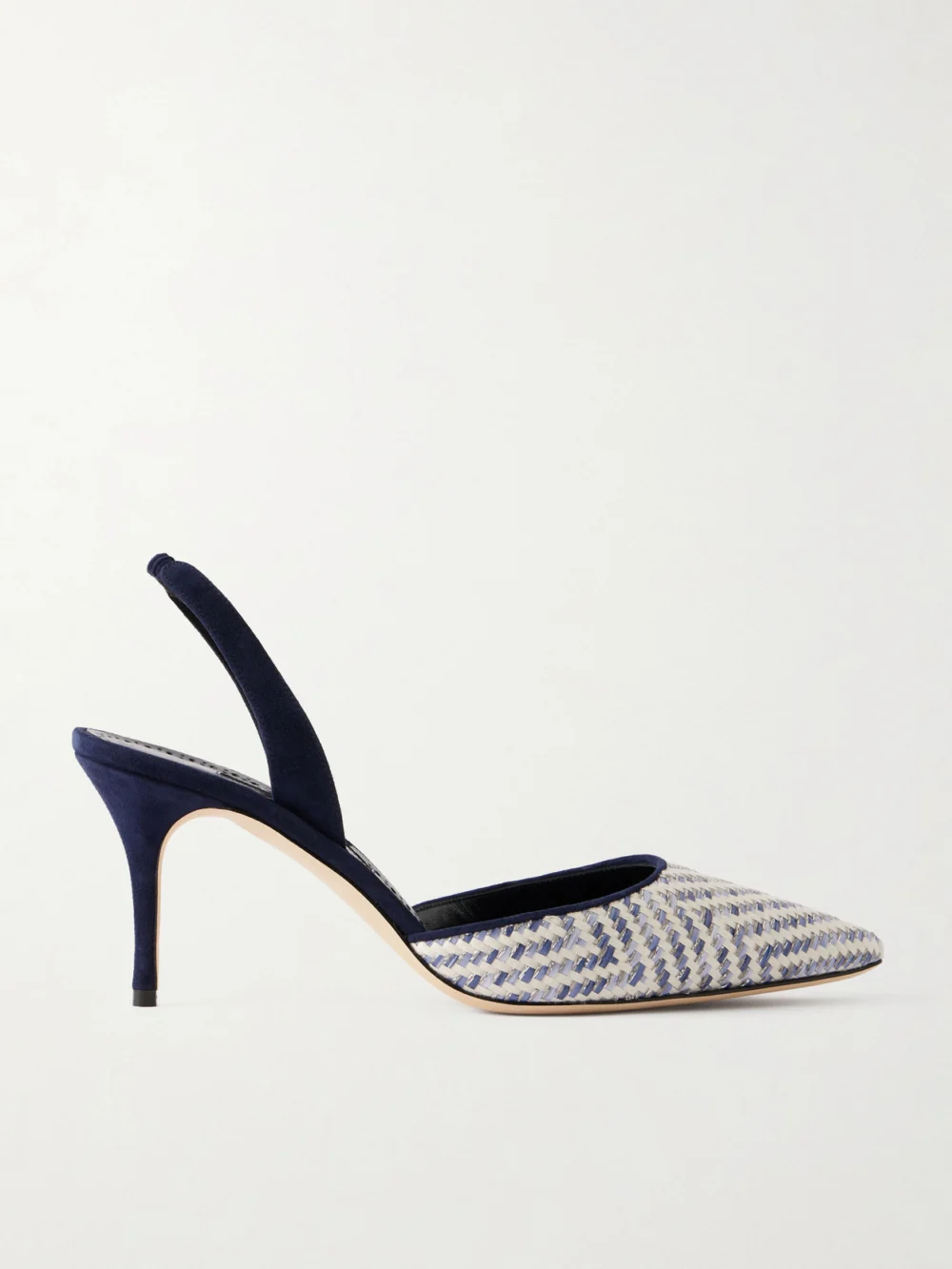 Manolo Blahnik Carolyne 70 Raffia Slingback Pumps in navy