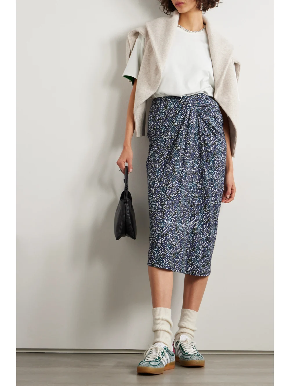 Marant Étoile Jeldia Draped Printed Stretch-jersey Midi Skirt, worn by a model