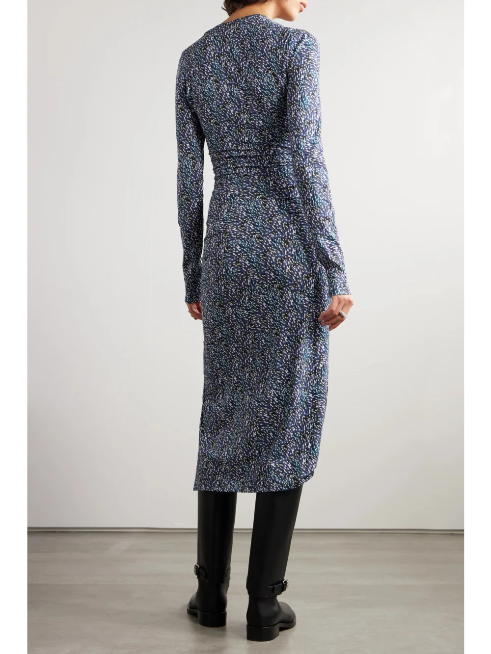 Back view of the Marant Étoile Jelina Gathered Printed Stretch-jersey Midi Dress