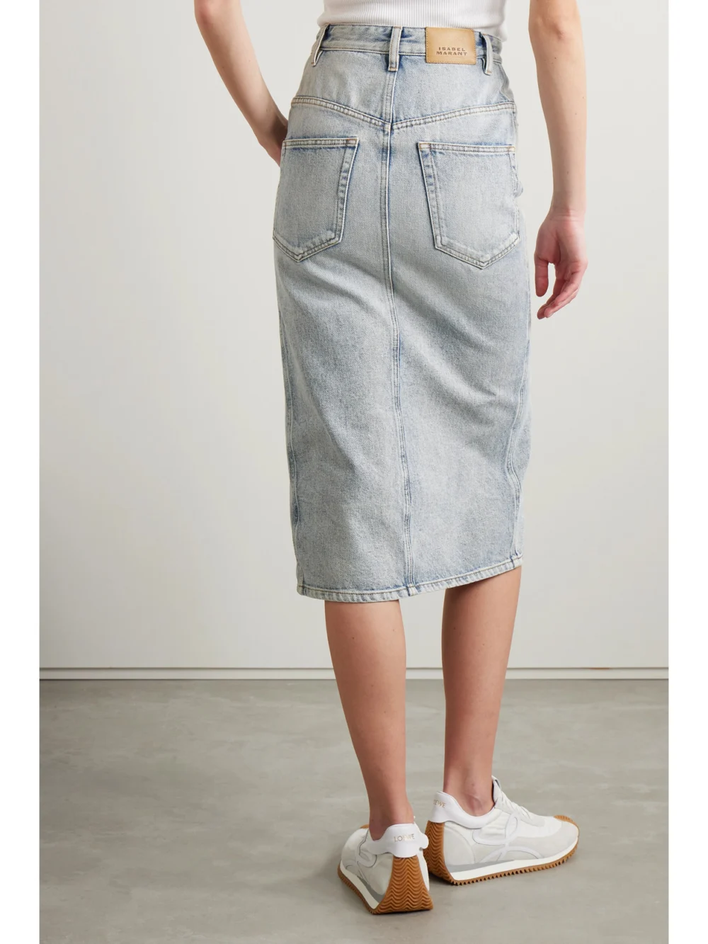 Back view of the Marant Étoile Vandy Paneled Denim Midi Skirt