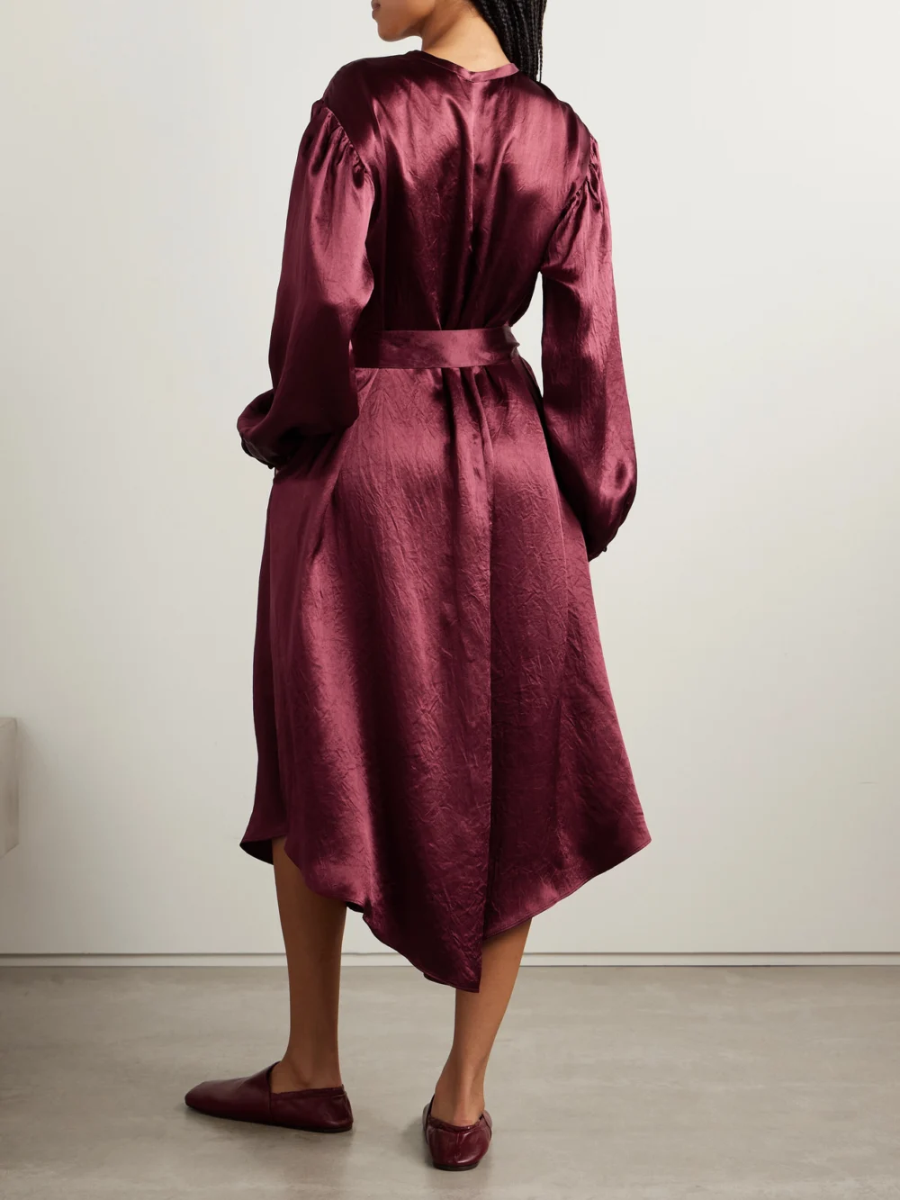 Back view of the Maria McManus Belted Crinkled-satin Midi Dress