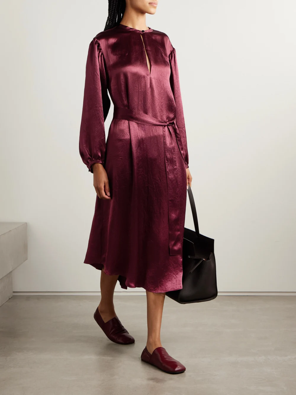 Maria McManus Belted Crinkled-satin Midi Dress, worn by a model