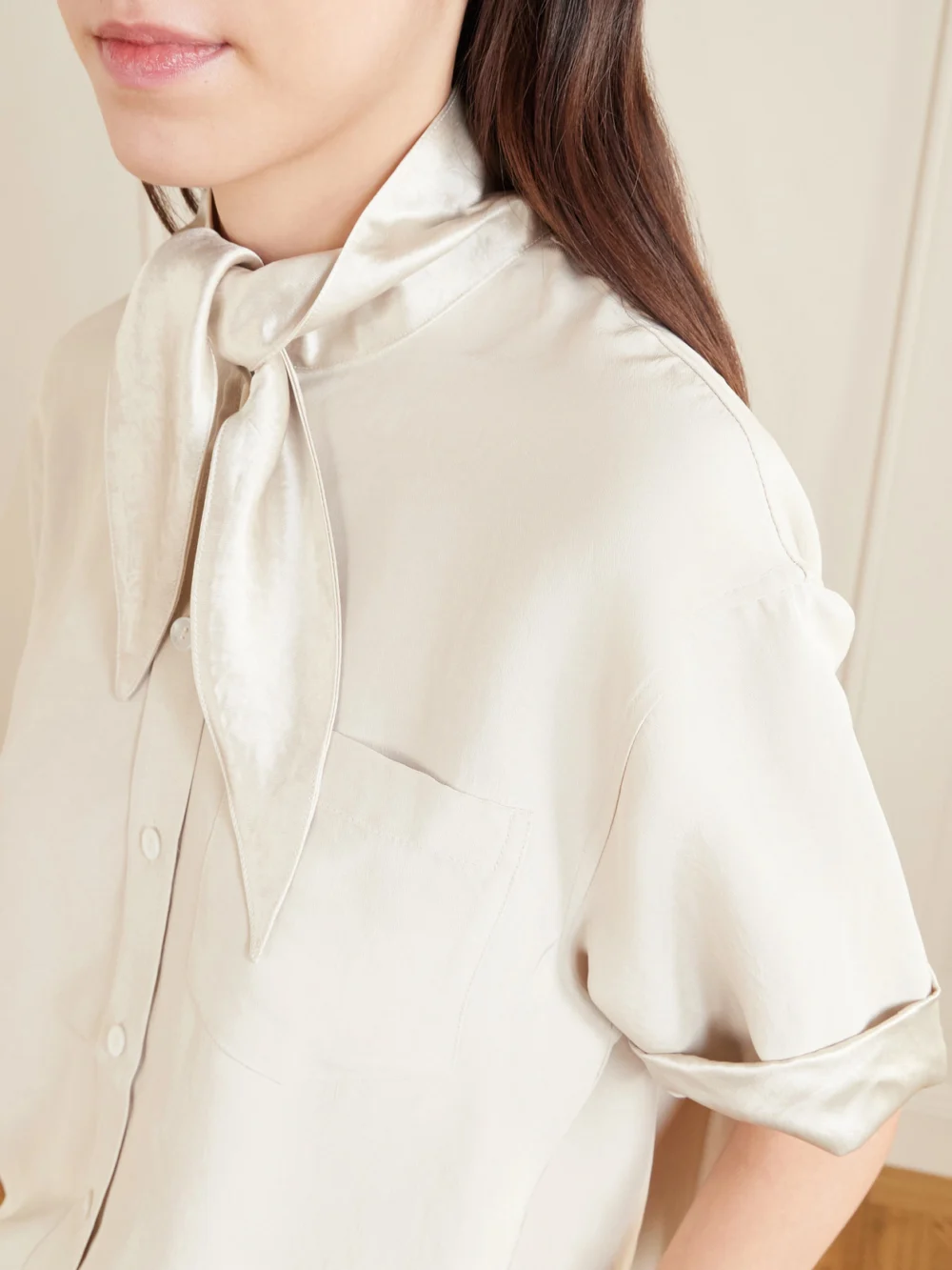 Close-up detail of the Maria McManus Tie-detailed Sateen-trimmed Crepe Shirt
