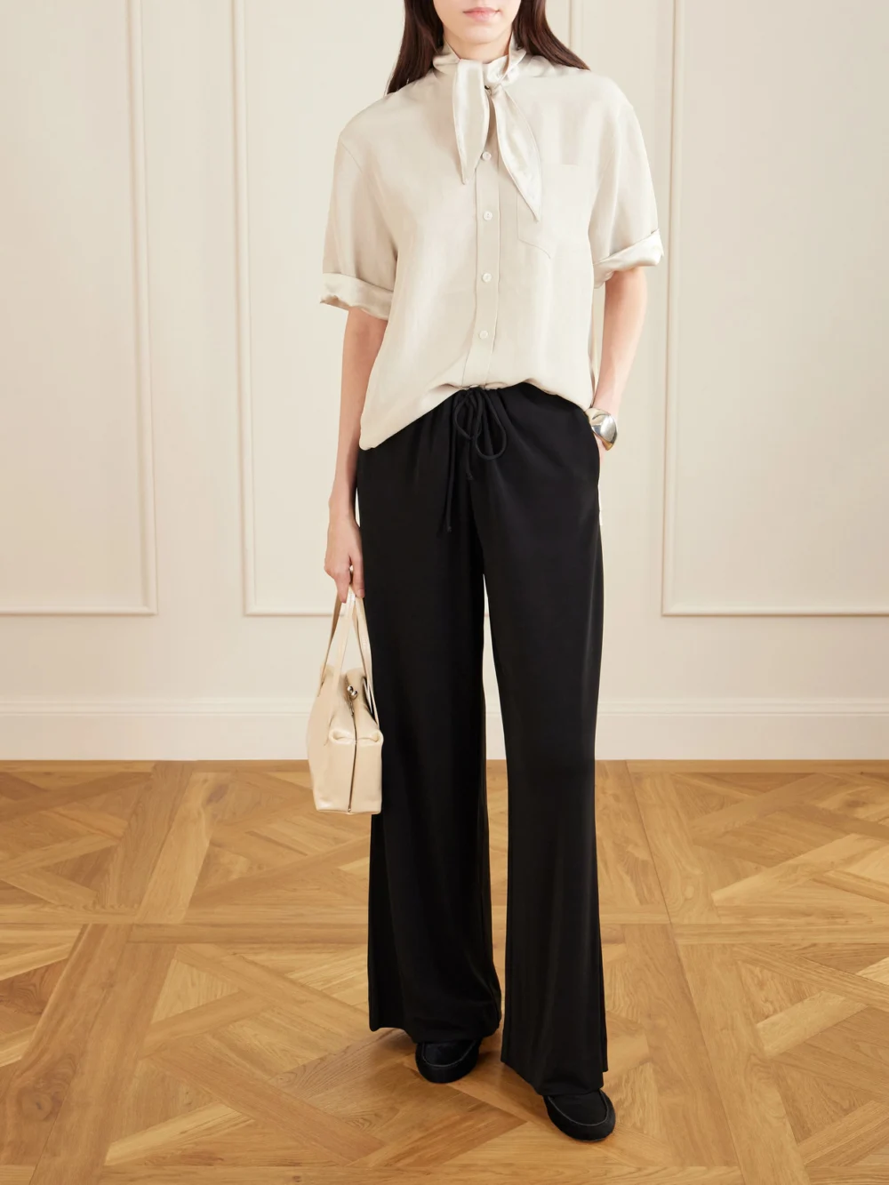 Maria McManus Tie-detailed Sateen-trimmed Crepe Shirt, worn by a model