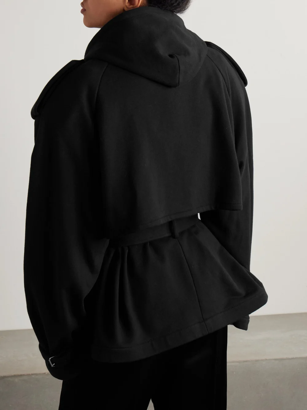 Back view of the Marie Adam-Leenaerdt Hooded Double-breasted Belted Cotton-jersey Jacket