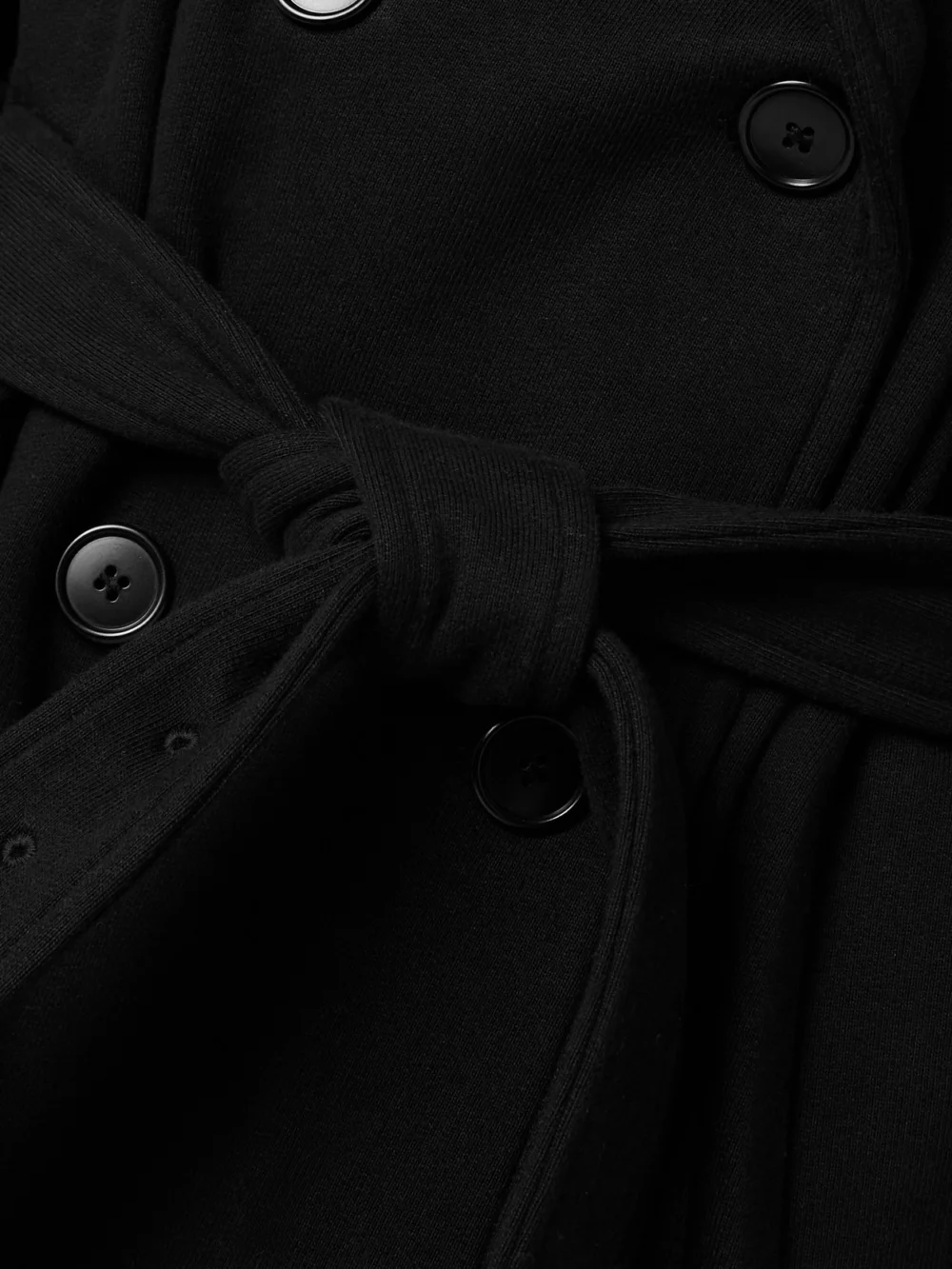 Close-up detail of the Marie Adam-Leenaerdt Hooded Double-breasted Belted Cotton-jersey Jacket